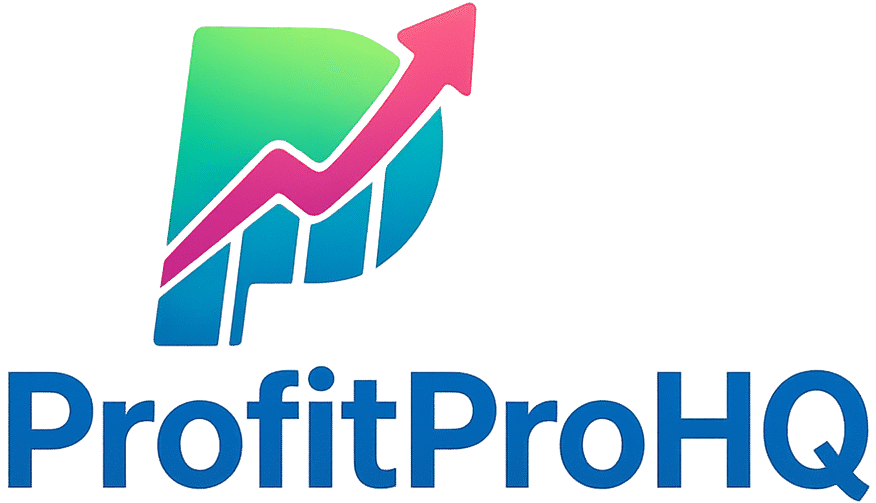 ProfitProHQ logo with bold blue P and rising red arrow symbolizing online business growth and profit