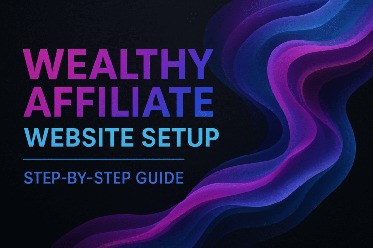 Sleek Wealthy Affiliate website setup banner with glowing purple and blue digital waves for step-by-step guide